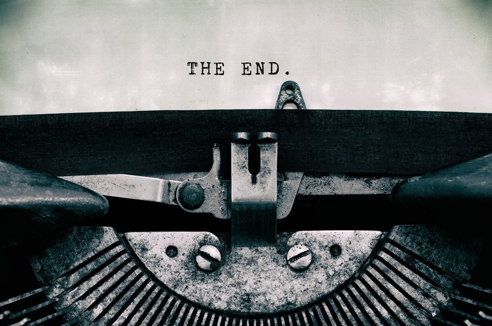 The end words typed on a vintage typewriter