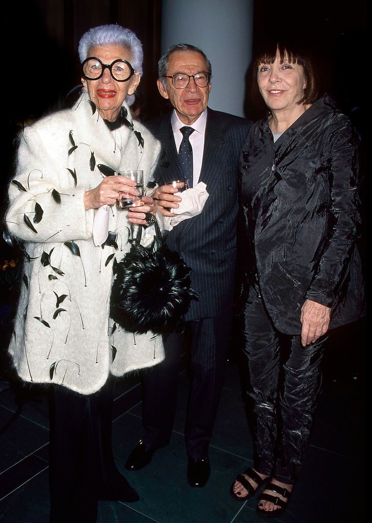 portrait of, from left, american businesswoman iris apfel, her husband carl apfel, and italian fashion designer mariuccia mandelli as they attend the latters krizia exhibit at the grey art gallery, new york, new york, 1999 photo by rose hartmangetty images