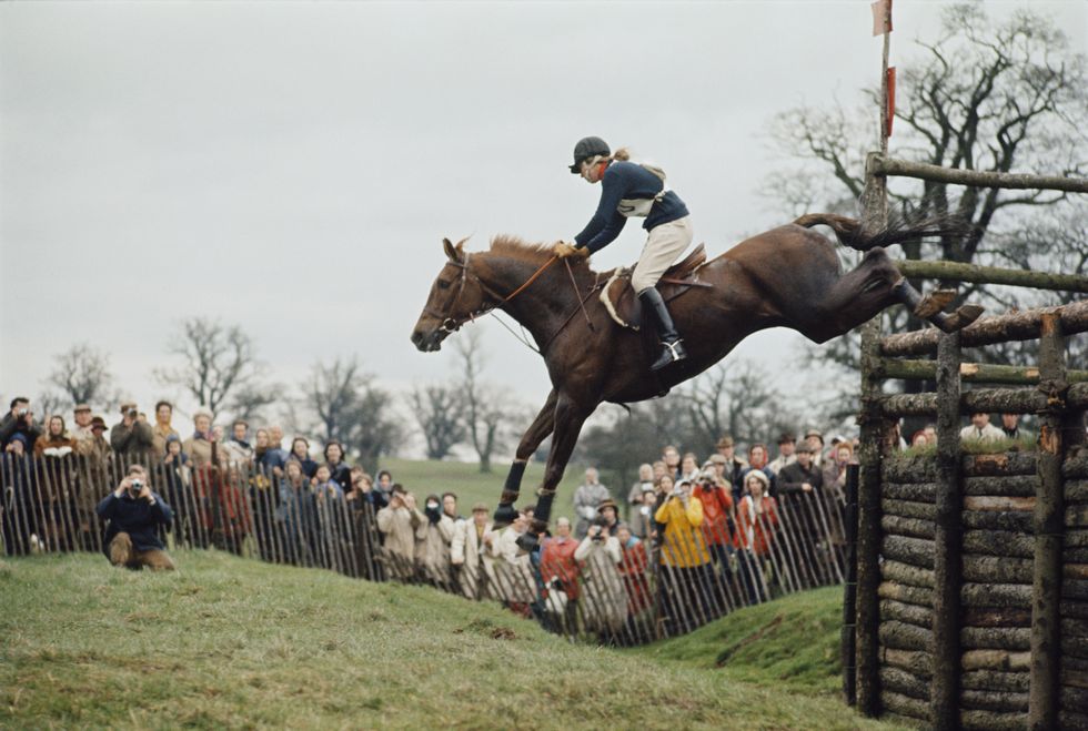Princess Anne clearing a fence on her horse Doublet at the Badminton Horse Trials in Gloucestershire, England on April 26, 1971