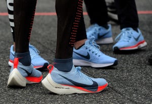 monza, italy may 06 a detail of eliud kipchoge shoes during the nike breaking2 sub two marathon attempt at autodromo di monza on may 6, 2017 in monza, italy photo by pier marco taccagetty images