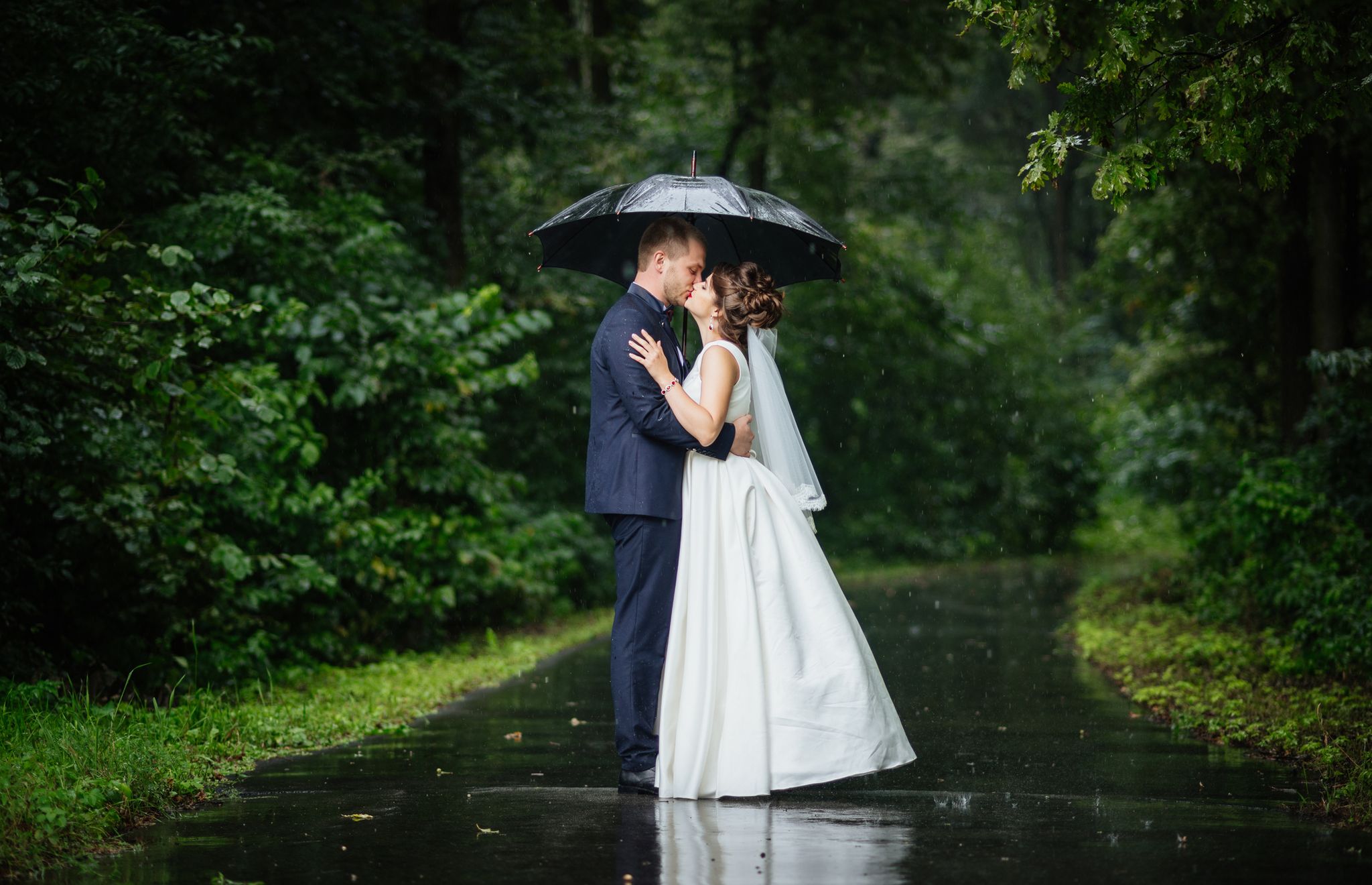 The bride kisses the groom on a background of green nature in the rain with an umbrella