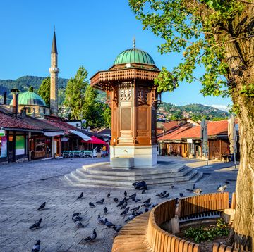 bascarsija square with sebilj wooden fountain in old town sarajevo, capital city of bosnia and herzegovina