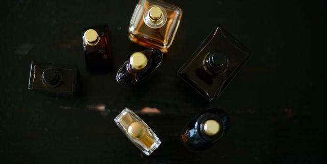 six perfume bottles on a table