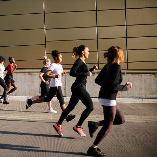 a group of people running