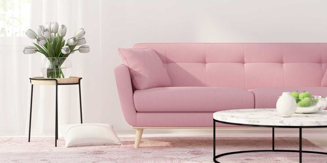 Furniture, Couch, Pink, Room, Interior design, Chair, Sofa bed, Living room, Table, Loveseat, 