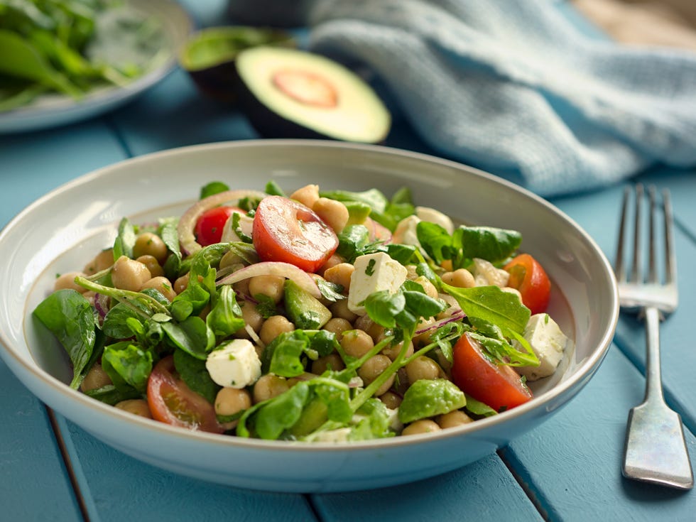 home made chickpeas,cherry tomato and avocado,watercress salad with feta cheese and balsamic vinegar dressing