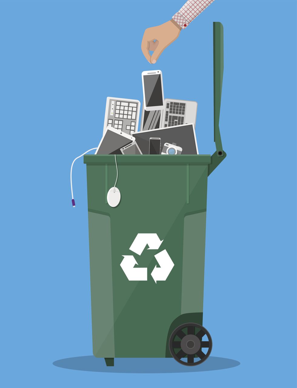e waste recycle bin container with old computer equipment, phones, laptop, mouse, keyboard vector illustration in flat style