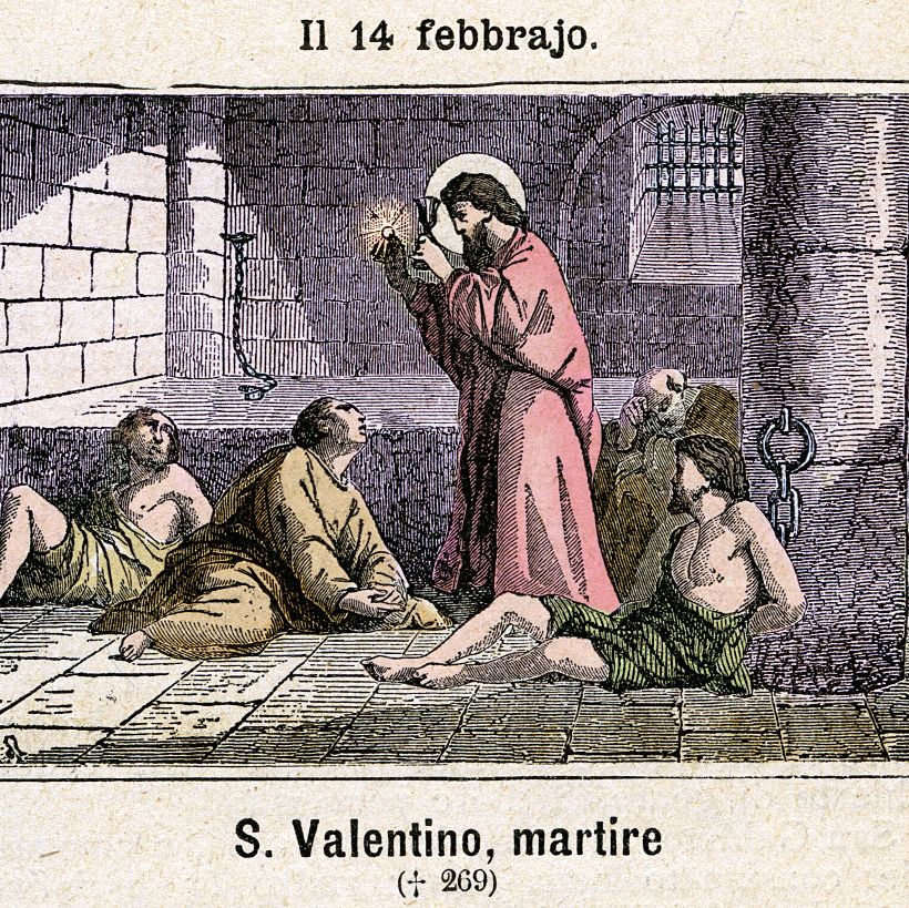 saint valentine approx 176 rome, 14 feb 273 bishop of terni and martyr according to tradition, he died by beheading under aurelian, at 97, after torture he was imprisoned for having joined in marriage the young serapio, christian and the roman legionary sabino, pagan, who had urgently requested baptism in order to join the love, seriously ill the two dead together immediately after the celebration for this episode, the saint is venerated as the patron saint of in lovers, but so also of epileptics according to some sources it would actually two distinct historical characters, a bishop of terni, and the other roman presbyter that would miraculously healed from blindness through prayer, as a prisoner, the daughter of a jailer, whose he was in love, both executed by decapitation on the via flaminia colored engraving, italy 1886 commemoration february 14th colored engraving from diodore rahoult, italy 1886 photo by fototeca gilardigetty images