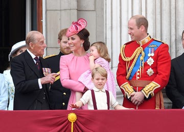 london, england   june 17  prince philip, duke of edinburgh, catherine, duchess of cambridge, princess charlotte of cambridge, prince george of cambridge and prince william, duke of cambridge look on from the balcony during the annual trooping the colour parade at the mall on june 17, 2017 in london, england  photo by karwai tangwireimage