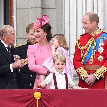 Trooping The Colour 2017 london, england june 17 prince philip, duke of edinburgh, catherine, duchess of cambridge, princess charlotte of cambridge, prince george of cambridge and prince william, duke of cambridge look on from the balcony during the annual trooping the colour parade at the mall on june 17, 2017 in london, england photo by karwai tangwireimage