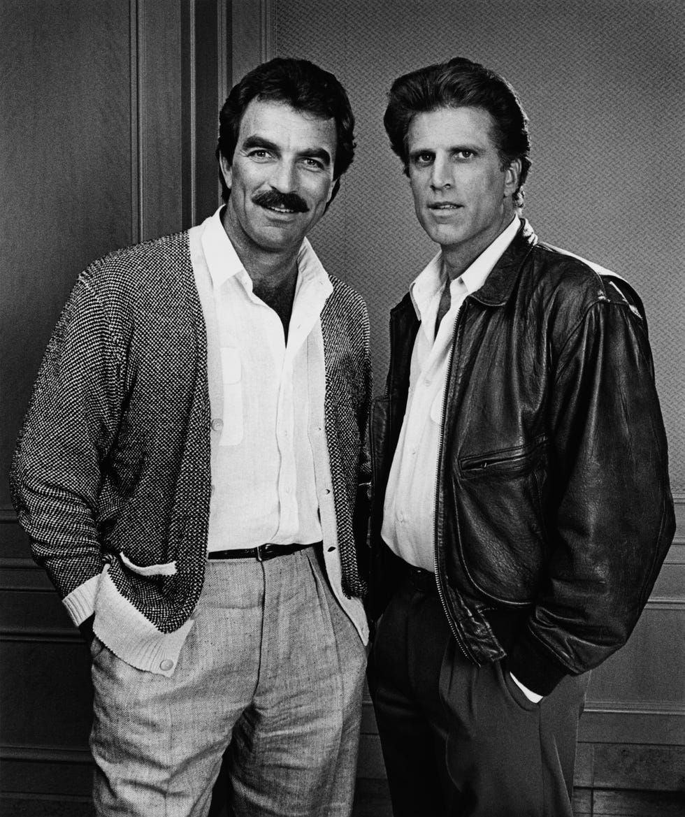 beverly hills, ca 1988 tom selleck left and ted danson, two of the stars of three men and a baby, pose during a 1988 beverly hills, california, photo portrait session steve guttenberg also starred in the 1987 hit comedy film photo by george rosegetty images