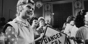 kansas city, united states   august 10  era opponent phyllis schlafly l at subcommittee meeting of the national stop era conference one supporter holds a sign stating danger era  photo by bill piercethe life images collection via getty imagesgetty images