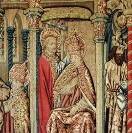 st. peter placing the papal tiara on the head of st. clement, from 'the life of st. peter' (wool tapestry) (photo by art images via getty images)