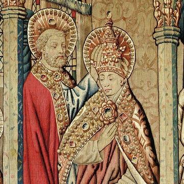 Saint Peter placing the papal tiara on the head of Saint Clement st. peter placing the papal tiara on the head of st. clement, from 'the life of st. peter' (wool tapestry) (photo by art images via getty images)