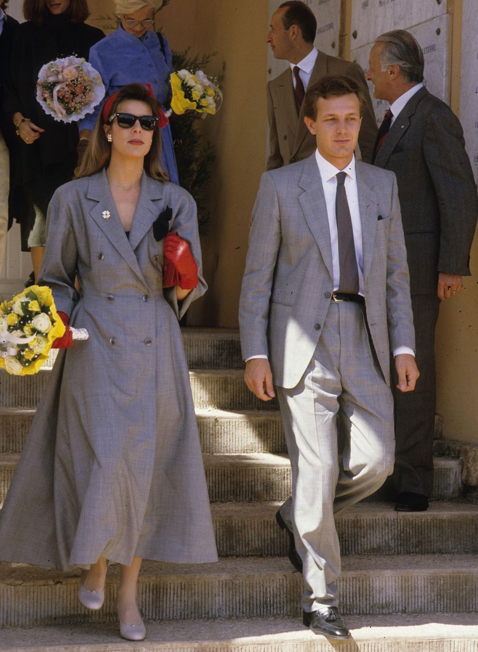 monaco   undated file photo  princess caroline of monaco, a member of the grimaldi family, walks down some steps with her second husband, stefano casiraghi in 1985 in monaco princess caroline married ernst august v, prince of hanover in 1999 and is also titled as caroline, princess of hanover she will be celebrating her 50th birthday on january 23rd photo by michel dufourwireimage