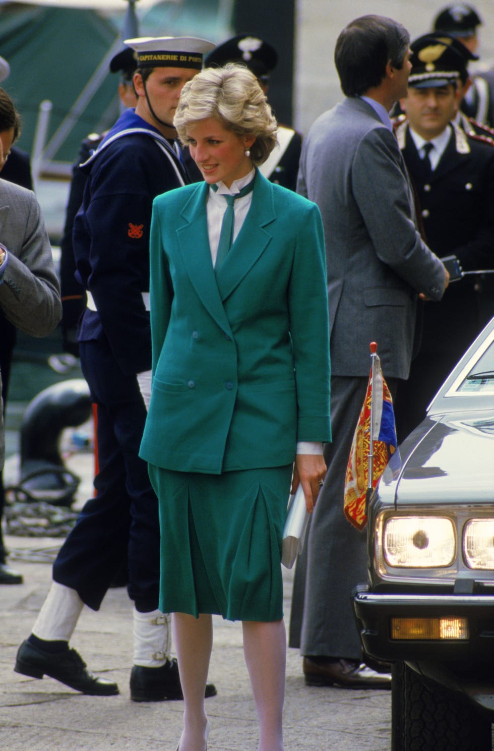 the princess of wales wears a green jasper conran suit and tie in livorno, during a tour of italy, april 1985 photo by jayne fincherprincess diana archivegetty images