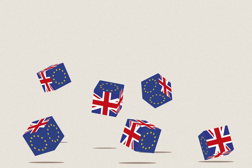 British and European Union flags on tumbling dice