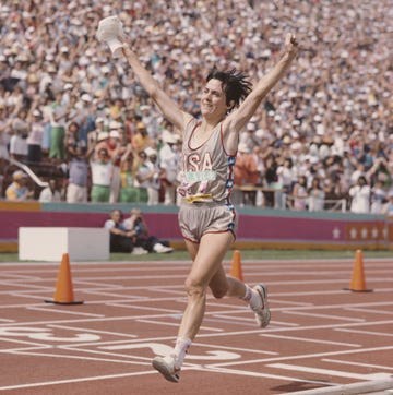 XXIII Olympic Summer Games joan benoit of the united states raises her arms in celebration after winning the first ever olympic womens marathon event at the xxiii olympic summer games on 5th august 1984 at the los angeles memorial coliseum in los angeles, california, united states photo by tony duffyallsportgetty images