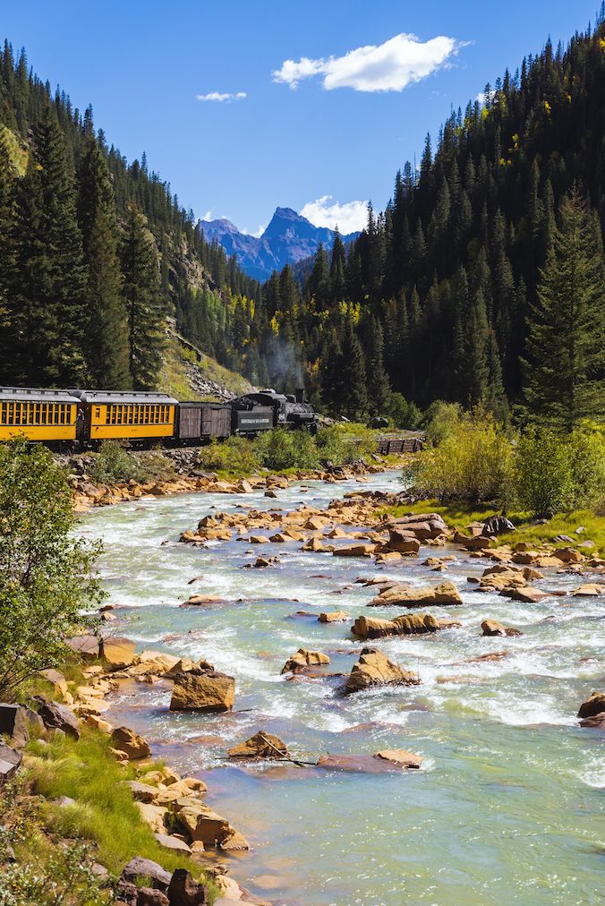 Durango and Silverton Narrow Gauge Railroad on Animas River, San Juan National Forest, Colorado, USA