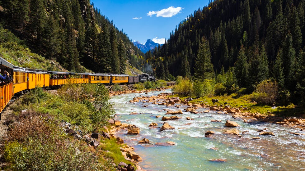 Durango and Silverton Narrow Gauge Railroad on Animas River, San Juan National Forest, Colorado, USA