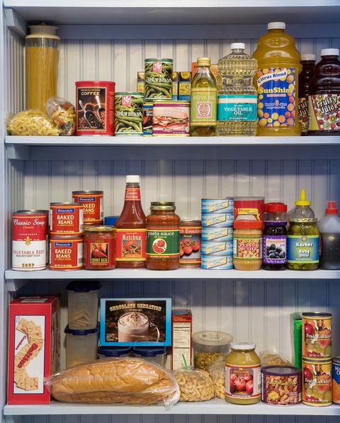 Food items on pantry shelves