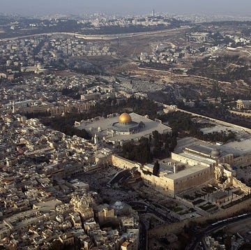 jerusalem october 02 the temple mount, known to muslims as el harem al sharif with its golden dome of the rock islamic shrine and lead domed al aqsa mosque, dominates october 2, 2007 this aerial view of the old city of jerusalem photo by david silvermangetty images