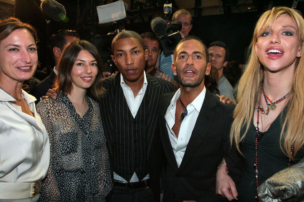 paris october 7 zoe cassavetes, sofia coppola, pharrell williams, marc jacobs and courtney love attend the louis vuitton fashion show, during the springsummer 2008 ready to wear collection show at cour carree du louvre on october 7, 2007 in paris, france photo by michel dufourwireimage