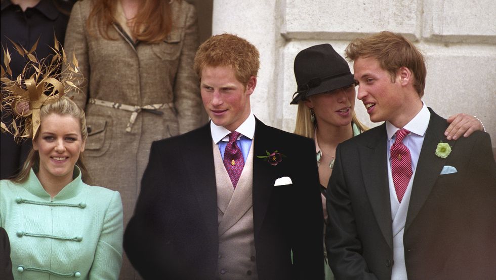 left to right laura lopes nee parker bowles, daughter of the duchess of cornwall, prince harry, zara phillips, daughter of princess anne, and prince william at windsor, 9th april 2004  photo by graham wiltshirehulton archivegetty images