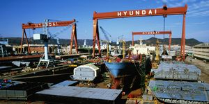 Korea, Ulsan, Hyundai shipyard, elevated view