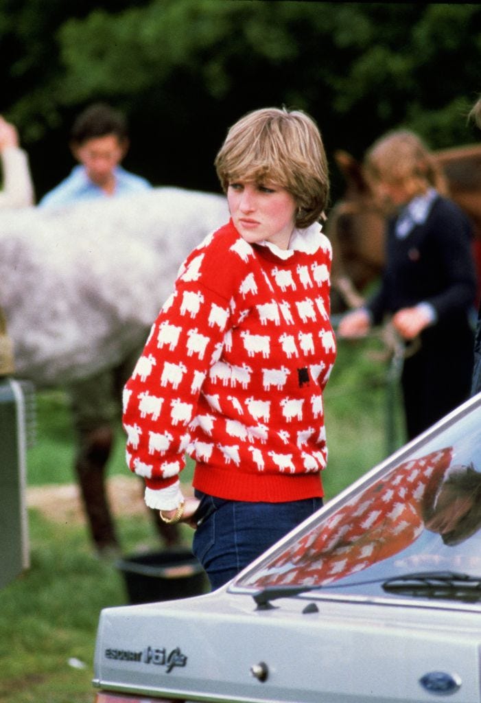 diana, princess of wales (1961 1997) wearing black sheep wool jumper by warm and wonderful (muir  osborne) to windsor polo, june 1981. (photo by tim graham photo library via getty images)