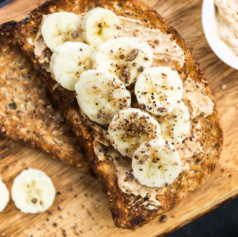 Toasts from Wholewheat Seeded Bread with Peanut Butter and Banan