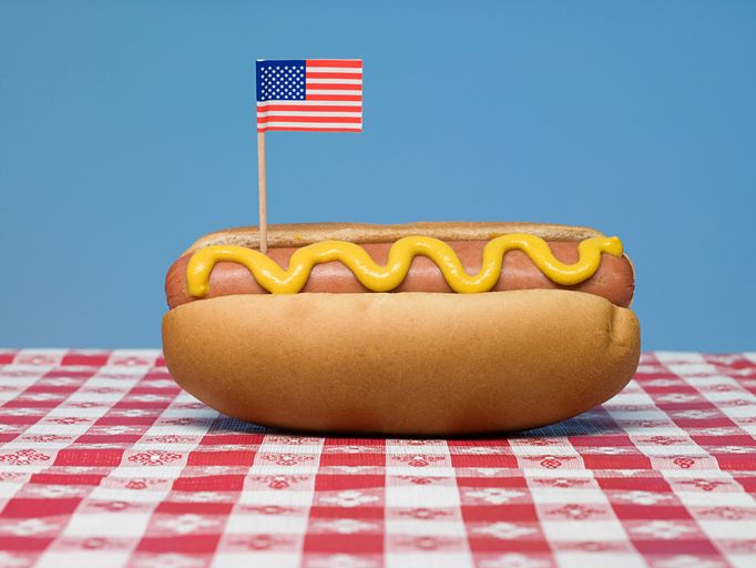 Flag, Food, Flag of the united states, Red, Hot dog, Bockwurst, Ingredient, Sausage, Cuisine, Hot dog bun, 