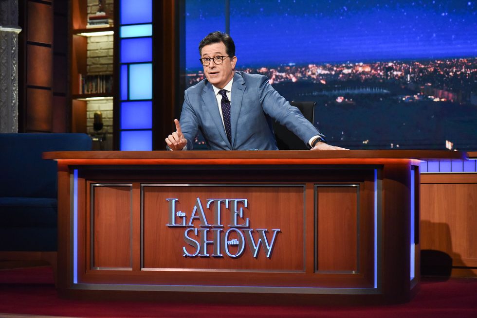 stephen colbert at desk of the late show