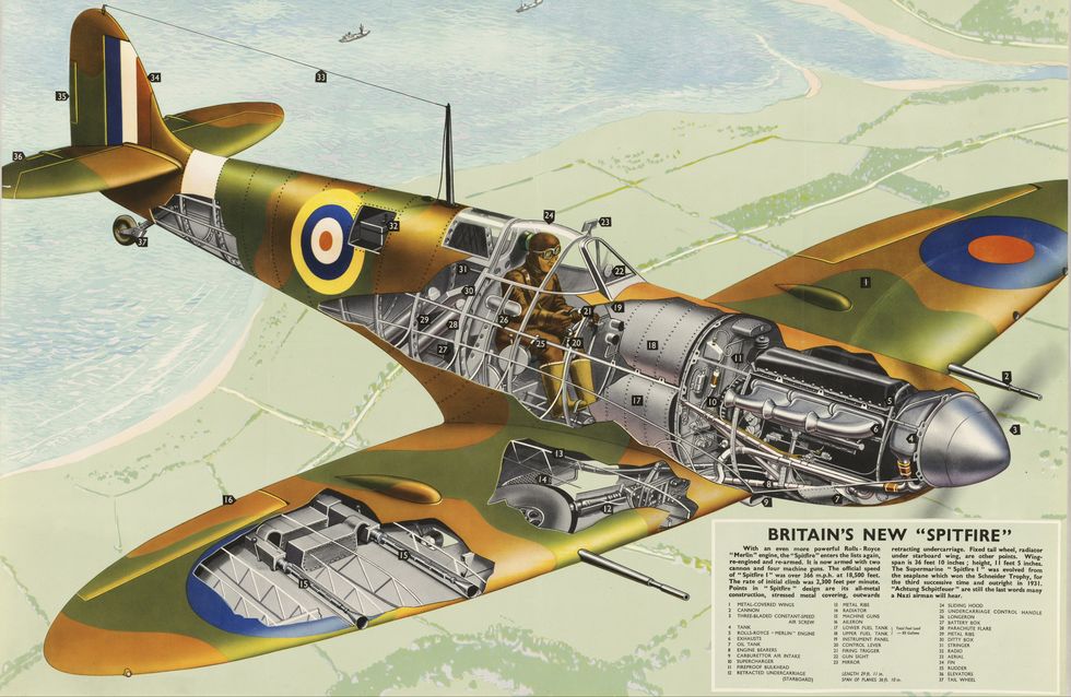 world war ii era poster shows a cutaway view of britains new spitfire fighter plane, 1940 photo by photoquestgetty images