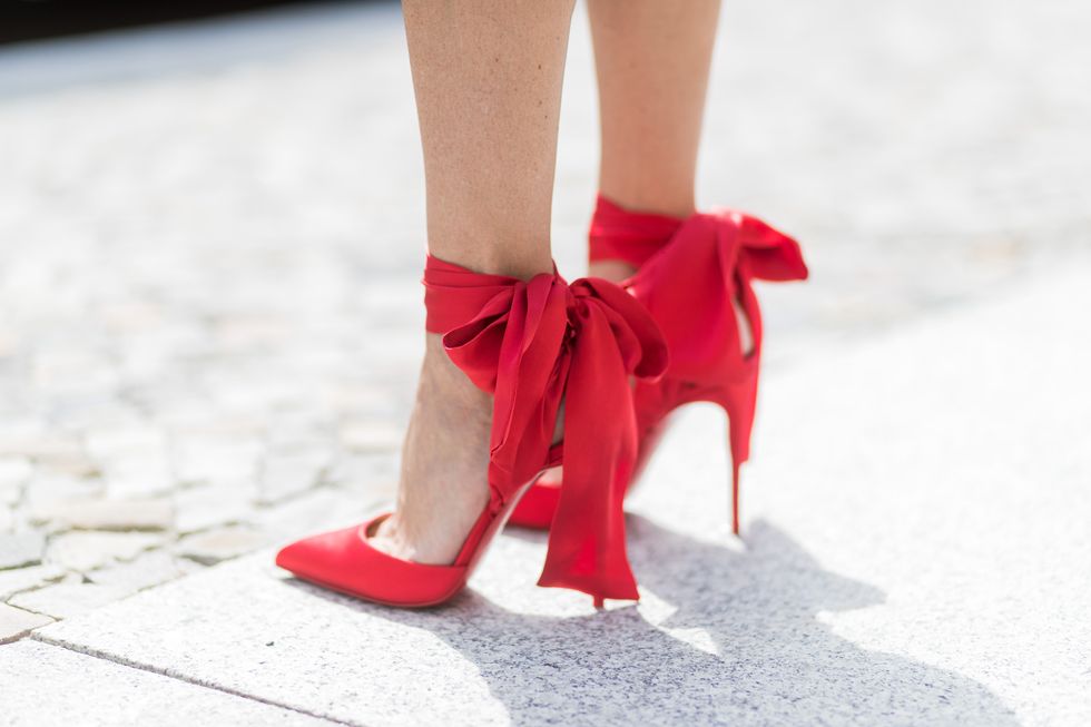 Footwear, Red, White, High heels, Human leg, Leg, Shoe, Pink, Street fashion, Ankle, 