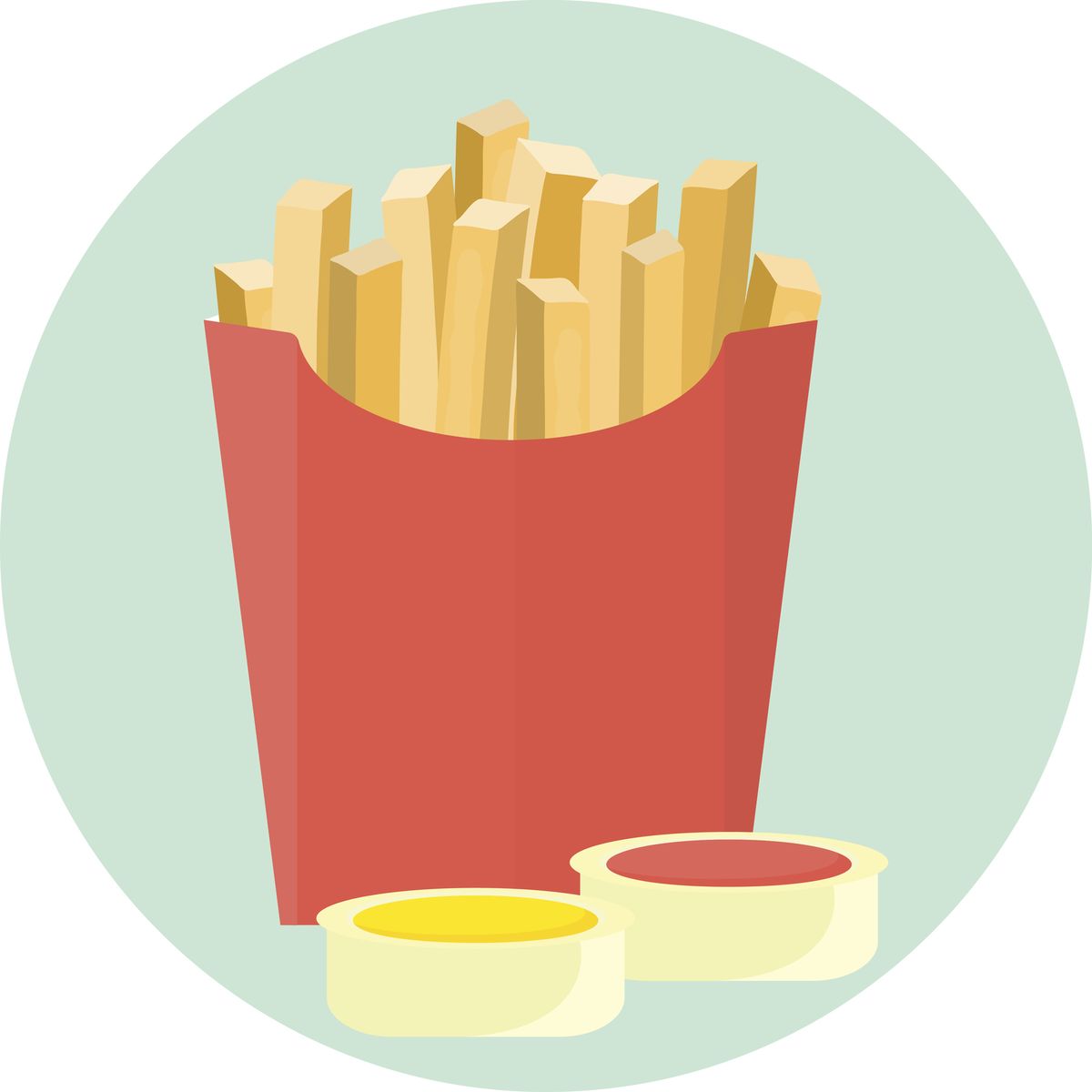 Flat vector french fries potato in red box with ketchup and mustard sauce in dipping dish