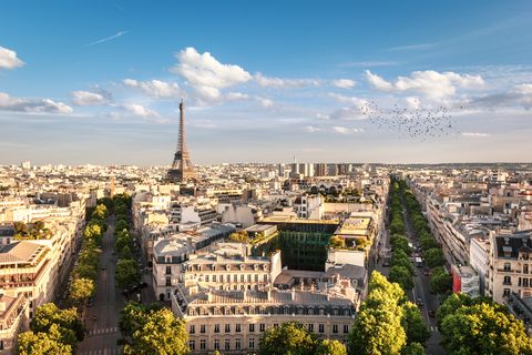 View of Eiffel Tower between trees, Paris, France
