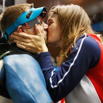 beijing   august 15 matthew emmons l of the united states is congratulated by his wife katerina emmons after winning silver medal in the mens 50m rifle prone final at the beijing shooting range hall on day 7 of the beijing 2008 olympic games on august 15, 2008 in beijing, china  photo by streeter leckagetty images