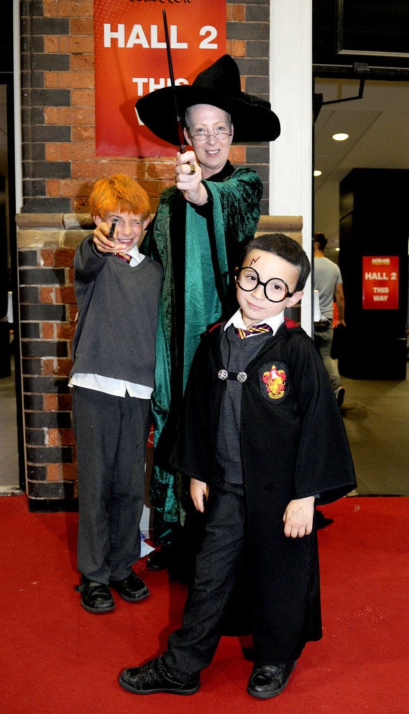 manchester, england july 30 cosplayers dressed as harry potter, ronald weasley and professor minerva mcgonagall of harry potter