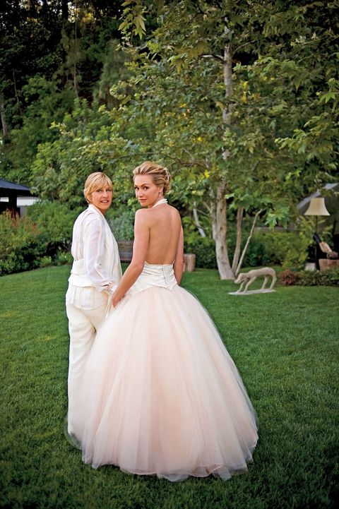 los angeles   august 16  in this handout image provided by lara porzak photography, comedian ellen degeneres and actress portia de rossi pose for photos celebrating their marriage in the backyard of their home on august 16, 2008 in beverly hills, california photo by lara porzak photography via getty images