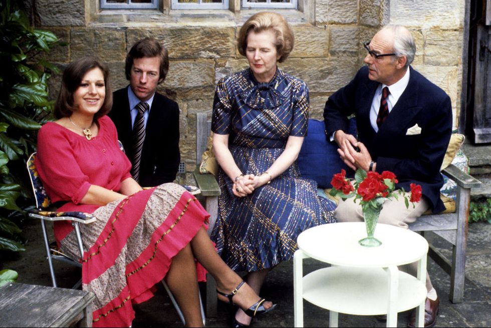 conservative party leader margaret thatcher relaxing with husband denis and their 25 year old twins, mark and carol at scotney castle, kent   photo by pa images via getty images