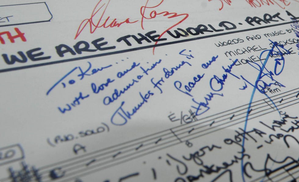 close up oloist booth song sheet used for the 1985 recording of 'we are the world', individually signed by the artists involved, including lionel richie, willie nelson and diana ross, which is expected to fetch between 5,000 and 6,000 when it goes under the hammer later this year, auctioned by the fame bureau at the idea generation gallery in london   photo by clive gee   pa imagespa images via getty images