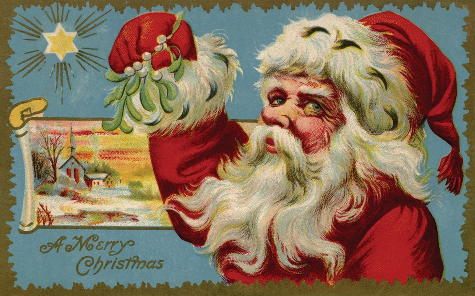 Santa claus, Christmas, Illustration, Fictional character, Shih tzu, Holiday, Christmas eve, Art, Painting, Greeting card, 