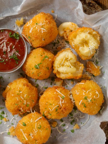 deep fried macaroni and cheese balls with marinara sauce