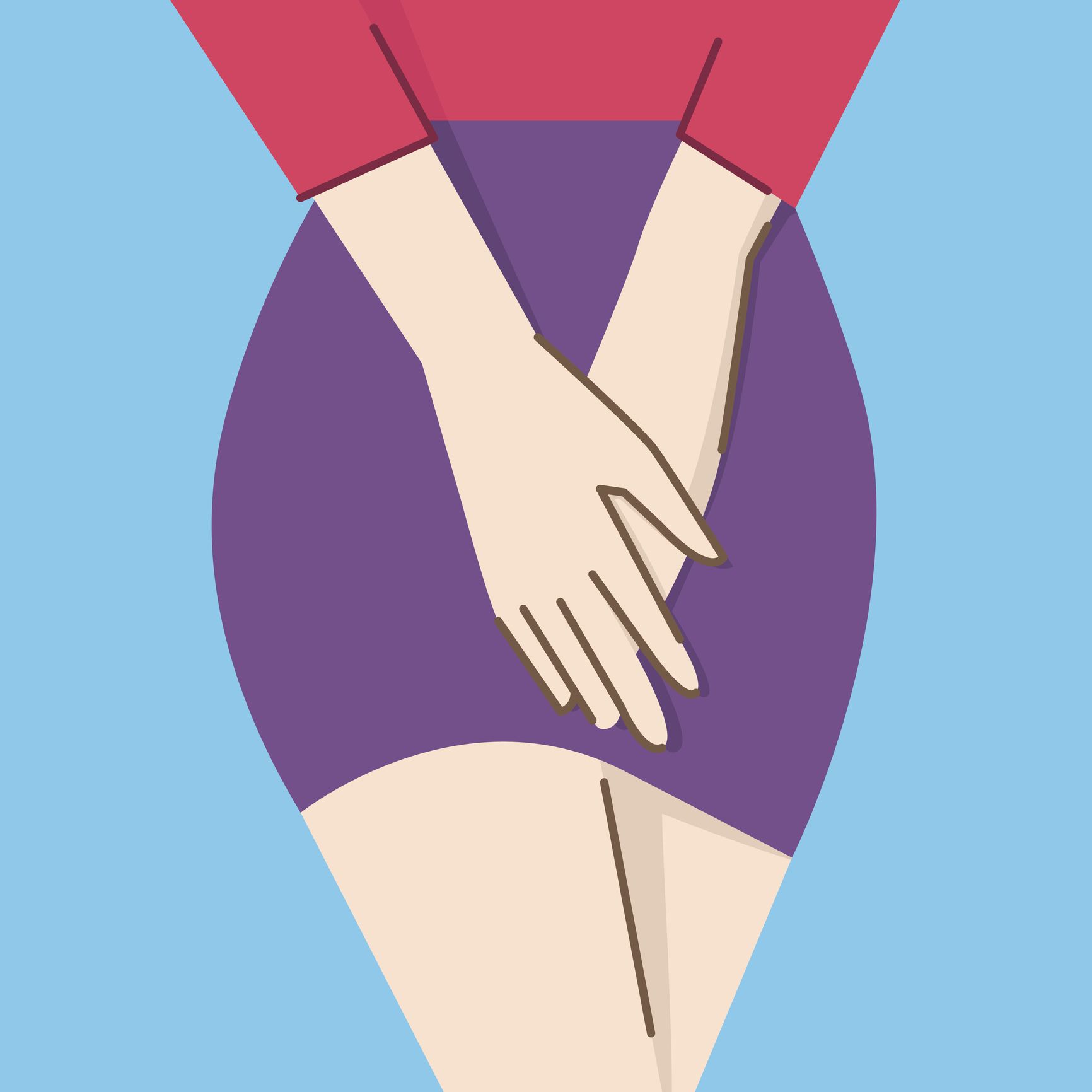 vector illustration character of close up woman body,  holding hands on her crotch, concept in honeymoons cystitis flat design, with linear style