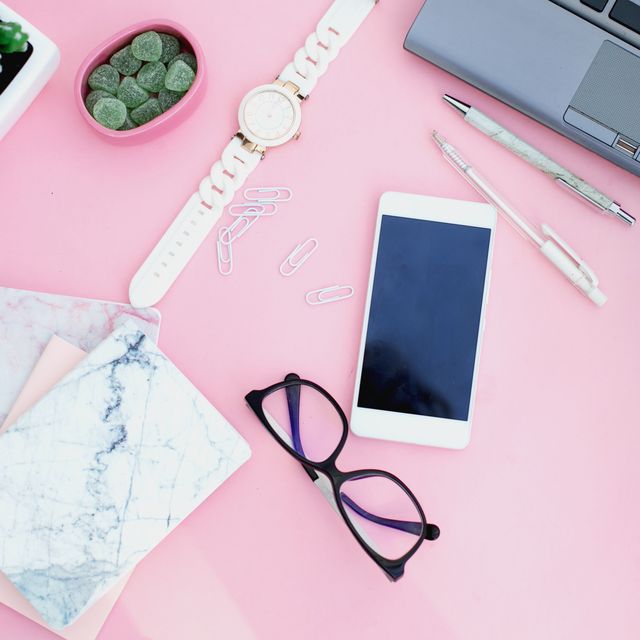 feminine desktop workspace in pink