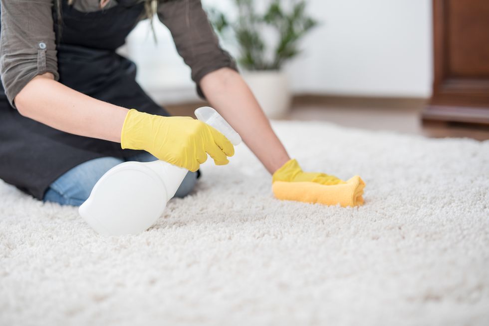 housewife cleaning carpet with brush and doing housework