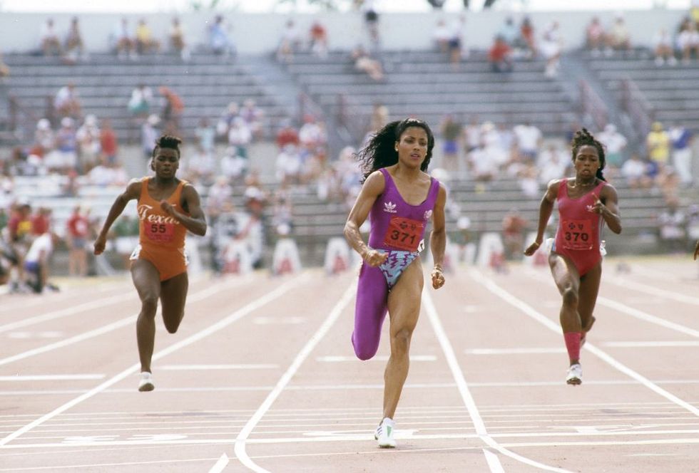 1988 florence griffith joyner competes during the 100m at the 1988 us olympic trials