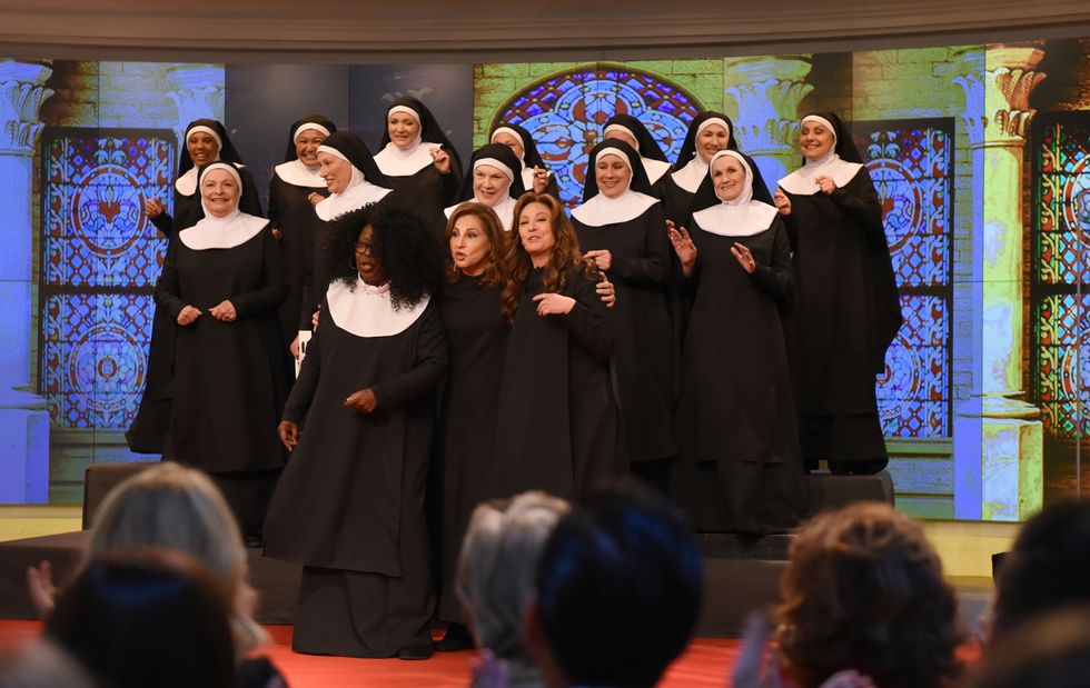 Members of the cast of "Sister Act," including (front, L-R) Whoopi Goldberg, Kathy Najimy and Wendy Makkena, reunite to celebrate the movie's 25th anniversary on "The View," September 14, 2017