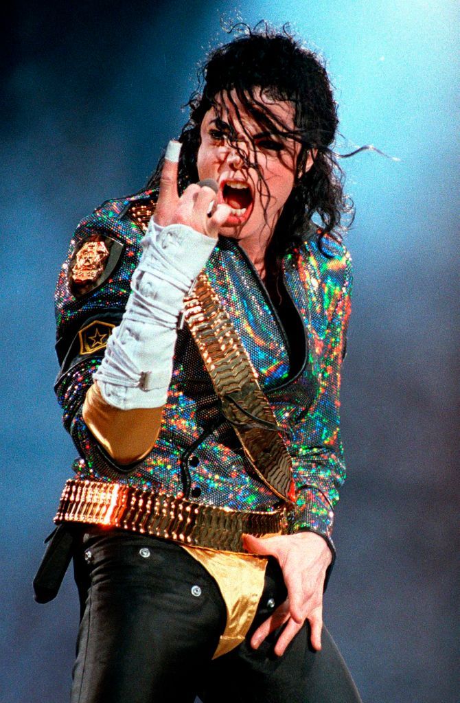 united kingdom august 18 michael jackson performing on stage, finger pointing up dangerous tour photo by john gunionredferns